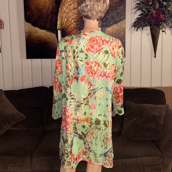 Caribbean Joe ~ Large ~ Green W/ Gold & Red Floral Tunic Swim Coverup Dress - Picture 14 of 15